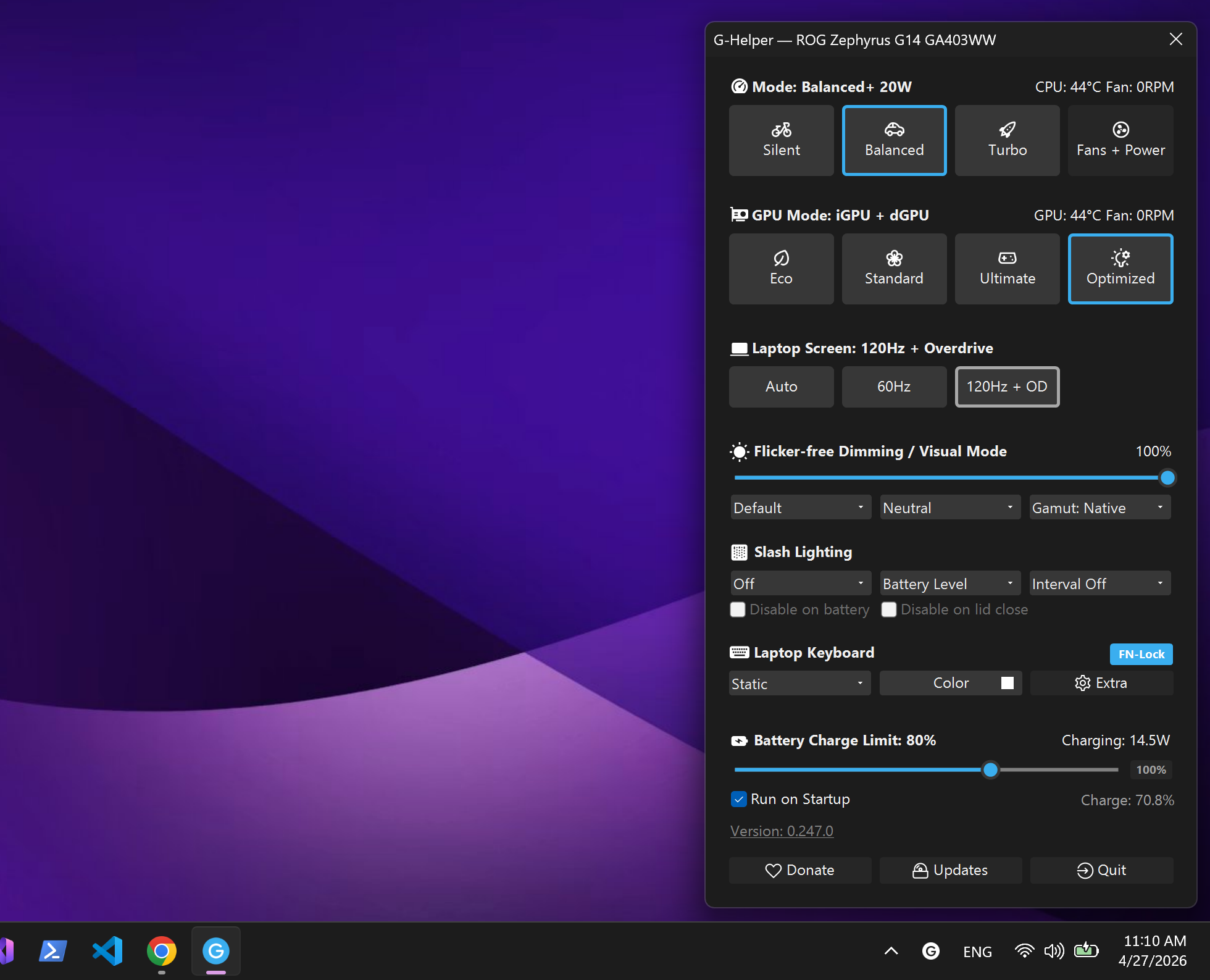 G-Helper main window with Silent, Balanced and Turbo performance modes selected on an Asus laptop